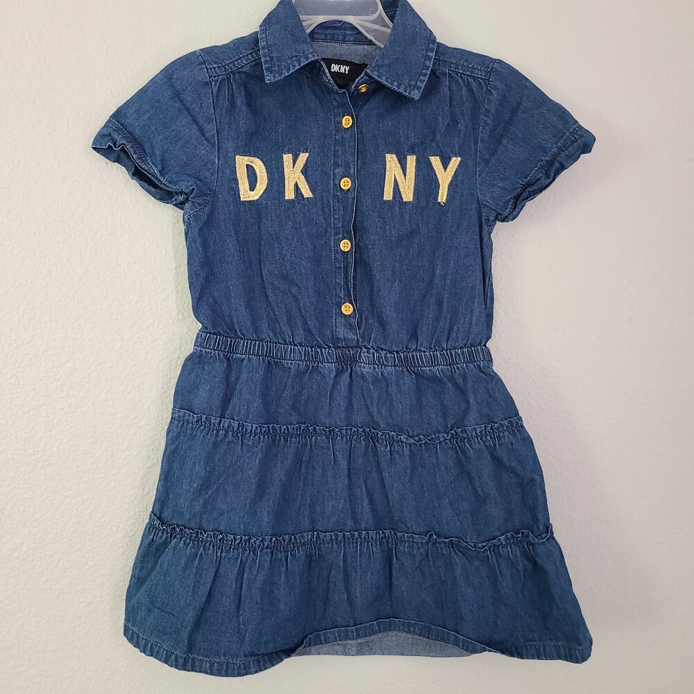 DKNY Girls Chambray Blue Denim with gold Shirt Dress - Size 4T